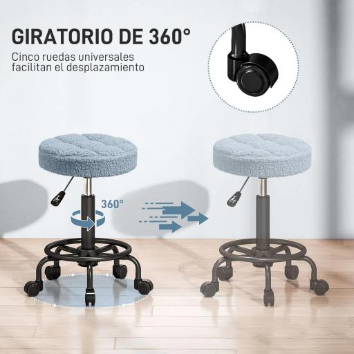 Taburete Giratorio Redondo Taburete con Ruedas Altura Regulable 50-66 cm Asiento Tapizado en Tejido de Borreguito Azul [5]