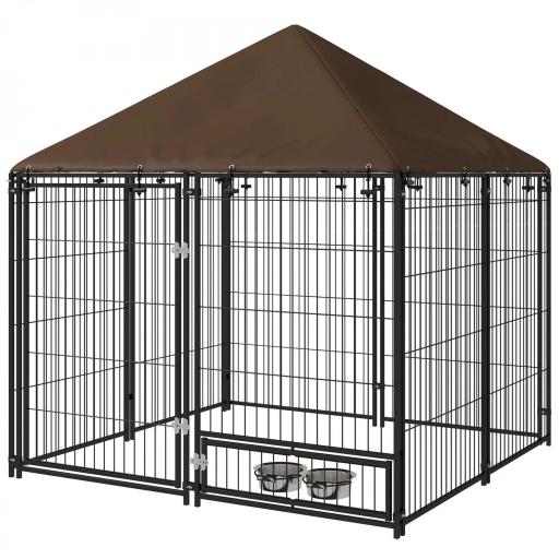 Perrera con Toldo y Soporte Giratorio para Comida 2 Cuencos Incluidos 141x141x151 cm Negro [8]
