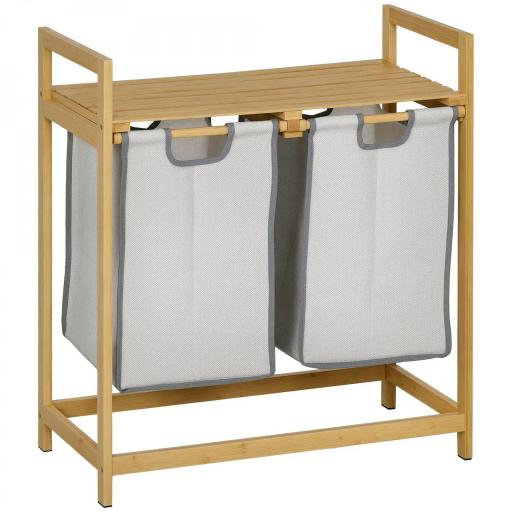 Cesto de la Ropa Sucia de Bambú con 2 Bolsas Extraíbles y Estante Carga 20kg 2x40,6L 64x33x73 cm Natural [8]
