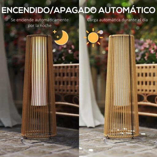 Farola Solar Exterior de Ratán Sintético con Luces LED Encendido y Apagado Automático Impermeable Ø21,5x61 cm Natural [4]