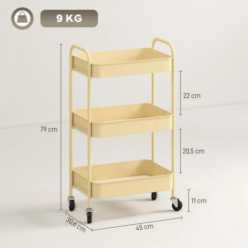 Carrito Auxiliar con Ruedas de 3 Niveles Carrito de Cocina con 3 Cestas y 2 Asas 45x30,6x79 cm Amarillo [1]