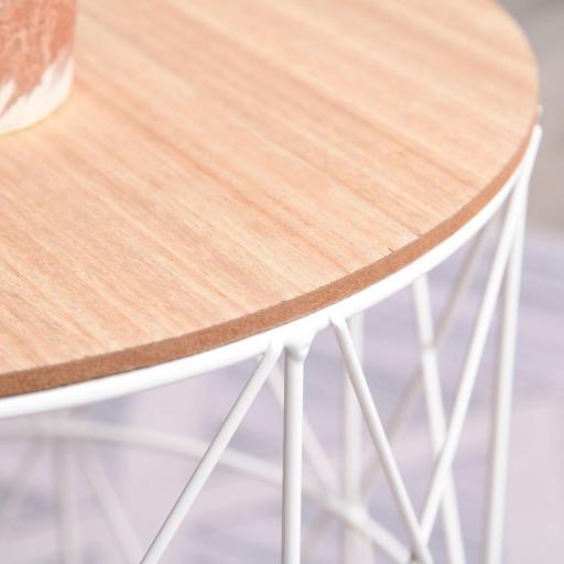 Juego de 2 Mesas Auxiliares de Salón con Tapa de Madera Extraíble y Estructura de Metal Ø40x45 cm y Ø35x40 cm Blanco [5]