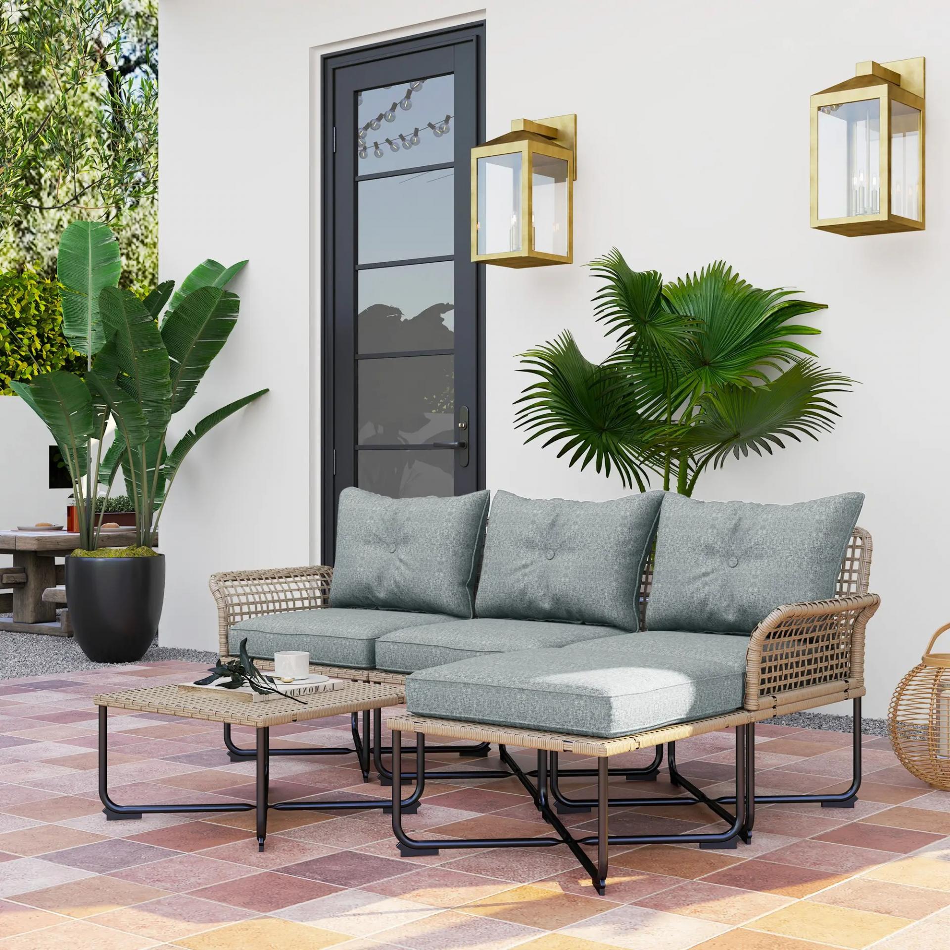 Conjunto de Jardín de Ratán Sintético con Sofá de Exterior de 4 Módulos y 1 Mesa de Centro y Cojines Gris