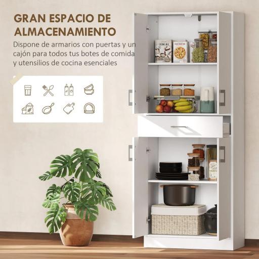 Alacena de Cocina con 4 Puertas 1 Cajón y Estantes Ajustables Antivuelco para Comedor Salón 70,8x34x180cm Blanco y Plata [2]