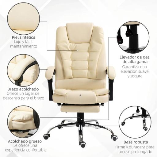 Silla de Escritorio con Reposapiés Silla Ejecutiva Giratoria con Altura Ajustable Tapizada en PU y Reposabrazos Crema [4]