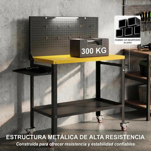 Banco de Trabajo con Panel Perforado Mesa de Trabajo con Enchufes Luz LED Ruedas Marco de Metal Negro y Amarillo [5]