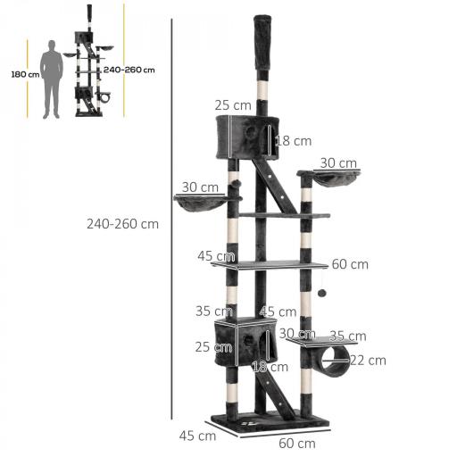 Árbol para Gatos de Suelo a Techo de 240-260 cm con Altura Ajustable Múltiples Plataformas Cuevas Cestos y Rampas Gris [1]