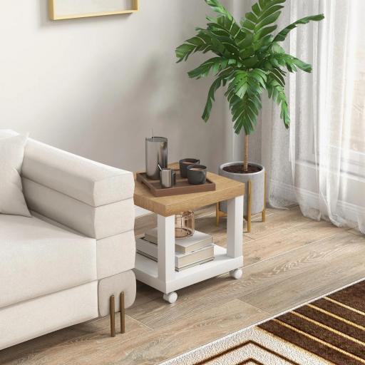 Mesa Auxiliar con Ruedas Estante Abierto Mesa para Sofá Sala Dormitorio 40x40x40 cm Natural y Blanco [4]