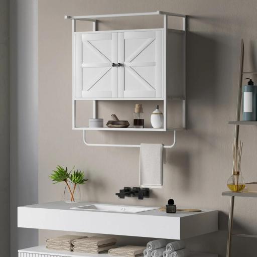 Armario de Pared para Baño Mueble de Baño Suspendido con 2 Puertas Estante Toallero 63x34x75 cm Blanco