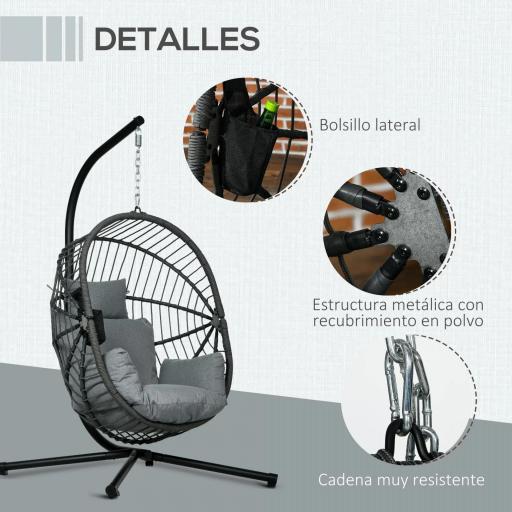 Silla Colgante Huevo con Soporte con Cesta Plegable Cojín y Reposacabezas para Interior y Exterior Carga 120 kg Gris [1]