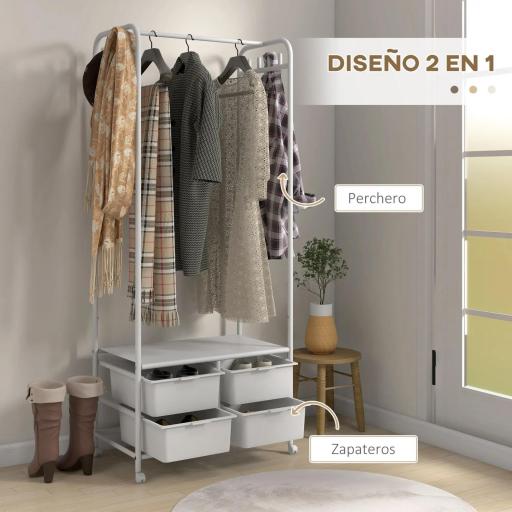 Perchero Zapatero con Ruedas para Recibidor con 8 Ganchos 4 Cestas para Zapatos y Marco de Acero 63x37x153 cm Blanco [2]