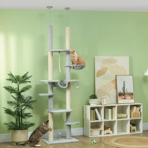 Árbol para Gatos de Suelo a Techo 225-255 cm con Hamacas Plataformas Juguete de Cuerda Bola de Juguete Gris