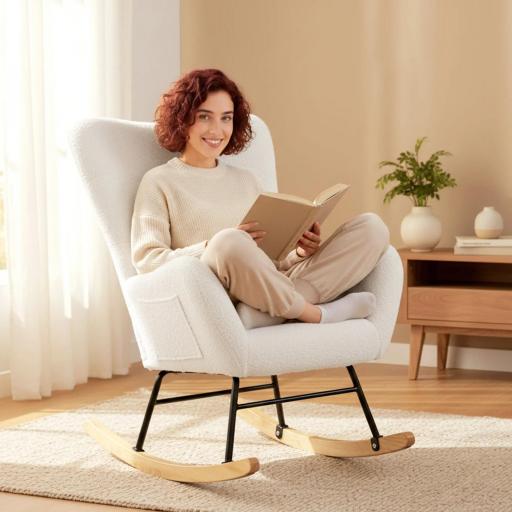 Mecedora de Terciopelo de Teddy con Respaldo Acolchado Almohada y Base de Madera de Caucho Carga 120 kg Crema [5]