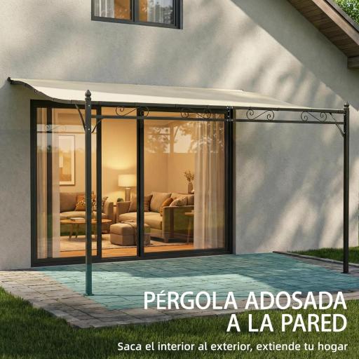 Pérgola de Pared 2,5x3,5 m con Techo Inclinado Orificios de Drenaje y Estructura Metálica Blanco Crema [2]