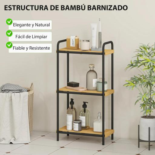 Estantería de Baño de Bambú con 3 Baldas Abiertas Diseño de Lamas y Estructura de Acero 41,5x21,5x77,5 cm Natural [5]