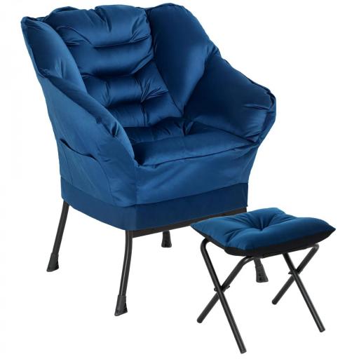 Sillón de Salón con Otomana Sillón de Relax con Bolsillos Laterales y Patas de Acero para Sala de Estar Dormitorio Azul [8]