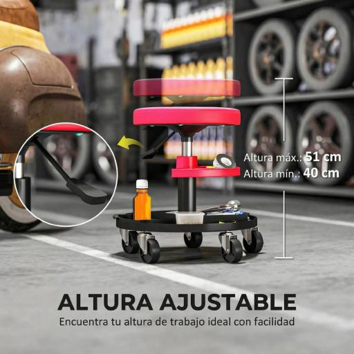 Taburete de Taller Giratorio con Ruedas Altura Ajustable de 40-51 cm y 2 Bandejas Carga 135 kg para Garaje Rojo [3]