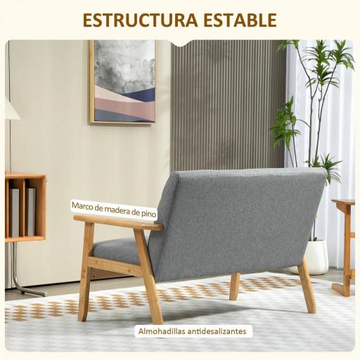 Sofá de 2 Plazas Tapizado en Lino con Reposabrazos de Madera Respaldo Acolchado Carga 250 kg Gris Claro [7]