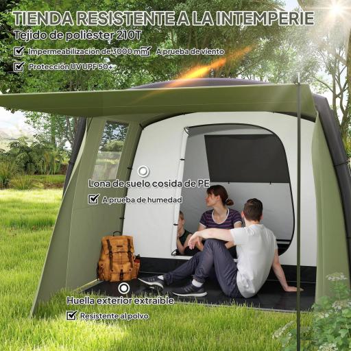 Tienda de Campaña Inflable Tipo Túnel para 3-6 Personas con Vestíbulo Ventanas de Malla y Bolsa Impermeable Verde Oliva [5]