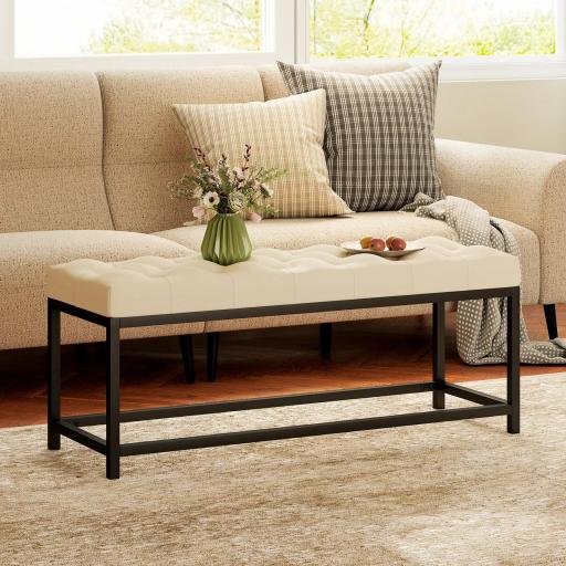 Banco Pie de Cama Tapizado en Terciopelo Diseño Capitoné Base de Metal para Dormitorio Entrada Salón Crema [3]