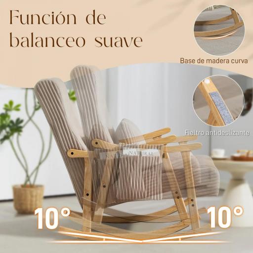 Silla Mecedora de Pana con Cojín Lumbar Patas y Reposabrazos de Madera de Caucho Bolsillo Estilo Moderno Marrón Claro [2]
