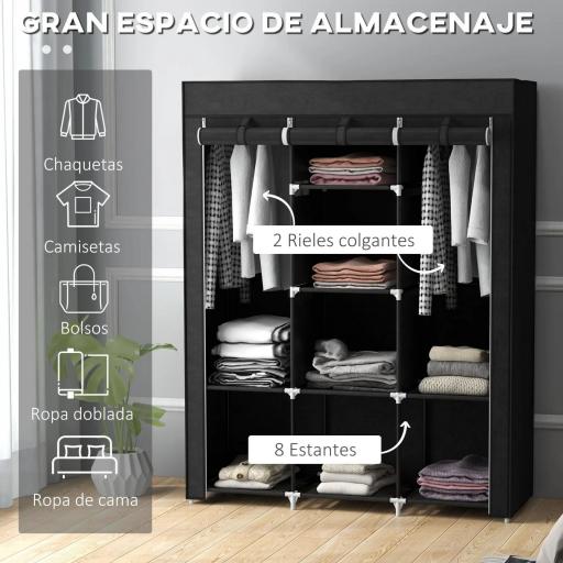 Armario de Tela Plegable Ropero Portátil con 8 Estantes y 2 Barras de Colgar para Dormitorio 125x43x162,5 cm Negro [7]