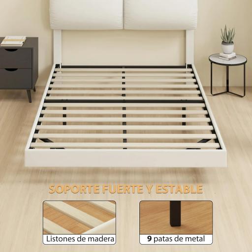 Cama Doble de 135x190 cm Somier con Cabecero Acolchado Efecto Flotante Estructura Metálica Beige [7]