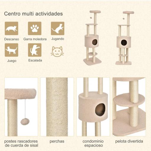 Árbol Rascador para Gatos Altura 148 cm Árbol para Gatos con Postes de Sisal Plataformas Casa y Bola Colgante Beige [3]