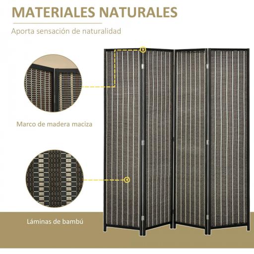 Biombo de 4 Paneles de Bambú Separador de Ambientes Plegable Divisor de Espacios para Dormitorio Salón 180x180x1,9 cm Marrón y Negro [4]