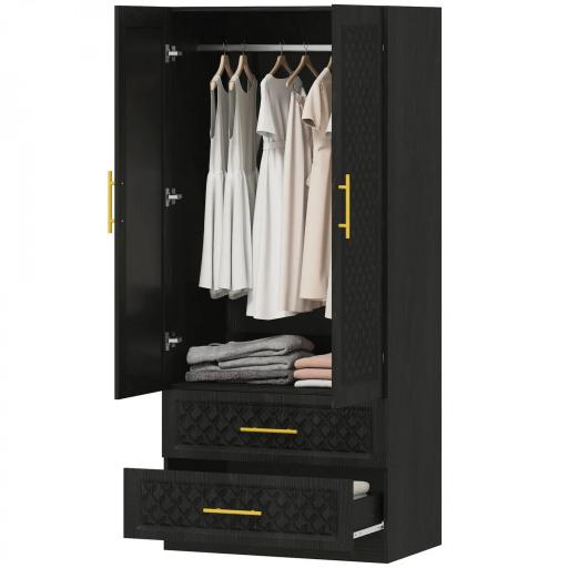 Armario Ropero con Espejo 2 Puertas y 2 Cajones Relieve de Diamante Barra para Colgar 80x50x180 cm Negro [8]