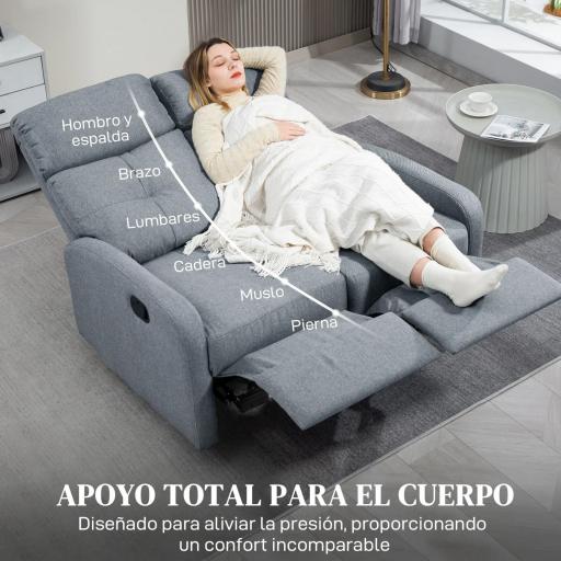 Sofá de 2 Plazas Reclinable Manual Tapizado en Lino con Reposapiés y Acolchado Grueso 118x95x101 cm Gris [5]
