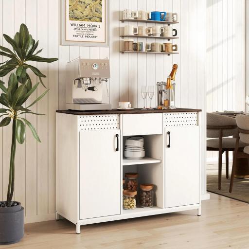 Aparador para Salón con 2 Puertas con Orificios Cajón Compartimentos Abiertos Estantes Ajustables 100x40x80 cm Blanco [0]