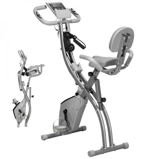 Bicicleta Estática Plegable 3 en 1 con Respaldo y 8 Niveles Resistencia Magnética, Bicicleta Estática para Casa Ajustable con Monitor LCD Volante Banda Sensor de Pulso Soporte de Teléfono Gris [9]