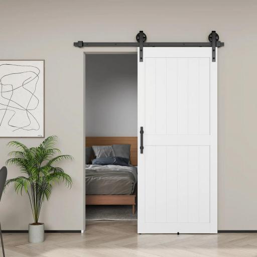 Puerta Corredera de Granero con Herrajes Manija Rodillo y Guía de Suelo Mejorados para Baño Salón 91,5x213,4 cm Blanco [3]