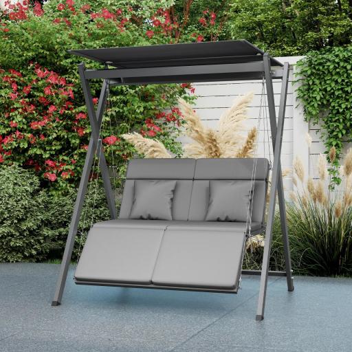 Columpio de Jardín de 2 Plazas Convertible en Cama con Toldo Ajustable UV30+ y Cojines 142x130x168 cm Gris Oscuro [6]