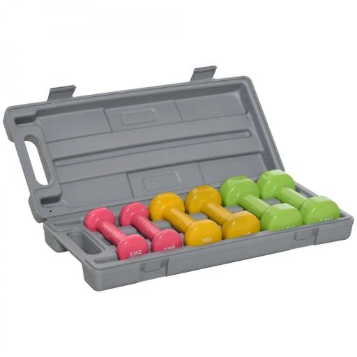 Juego de 6 Mancuernas Hexagonales de 1,5kg 1kg y 0,5kg con Revestimiento de Neopreno con Maletín 43x18x7,5 cm Multicolor [8]