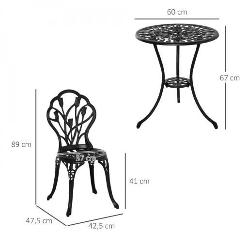 Set de Jardín 3 Piezas con Mesa Redonda Ø60x67 cm y 2 Sillas 42,5x47,5x89 cm Mesa con Orificio para Sombrilla Negro [1]