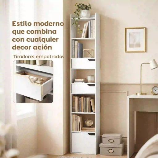 Estantería para Libros con 2 Cajones y Puerta Librería Estrecha con 6 Estantes Abiertos 32x24x181,5 cm Blanco [5]