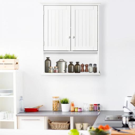 Armario Baño de Pared con 2 Puertas Estante Interior Ajustable y Compartimento Abierto Mueble Auxiliar Suspendido Multiusos para Cocina 60x20x70,5 cm Blanco [4]