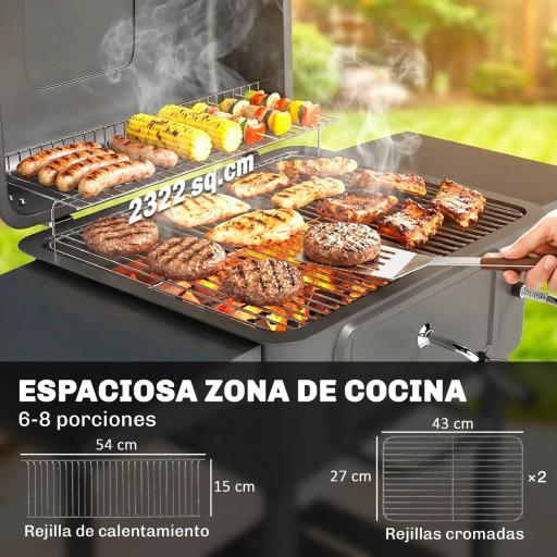 Barbacoa de Carbón con Bandeja y Ventilación Ajustable Estantes Laterales Ruedas Termómetro Tapa y Puerta [4]