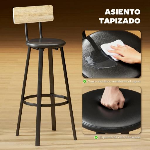 Juego de 2 Taburetes Altos de Cocina con Respaldo y Reposapiés Tapizados de PU Asiento de 75,5 cm Natural y Negro [3]