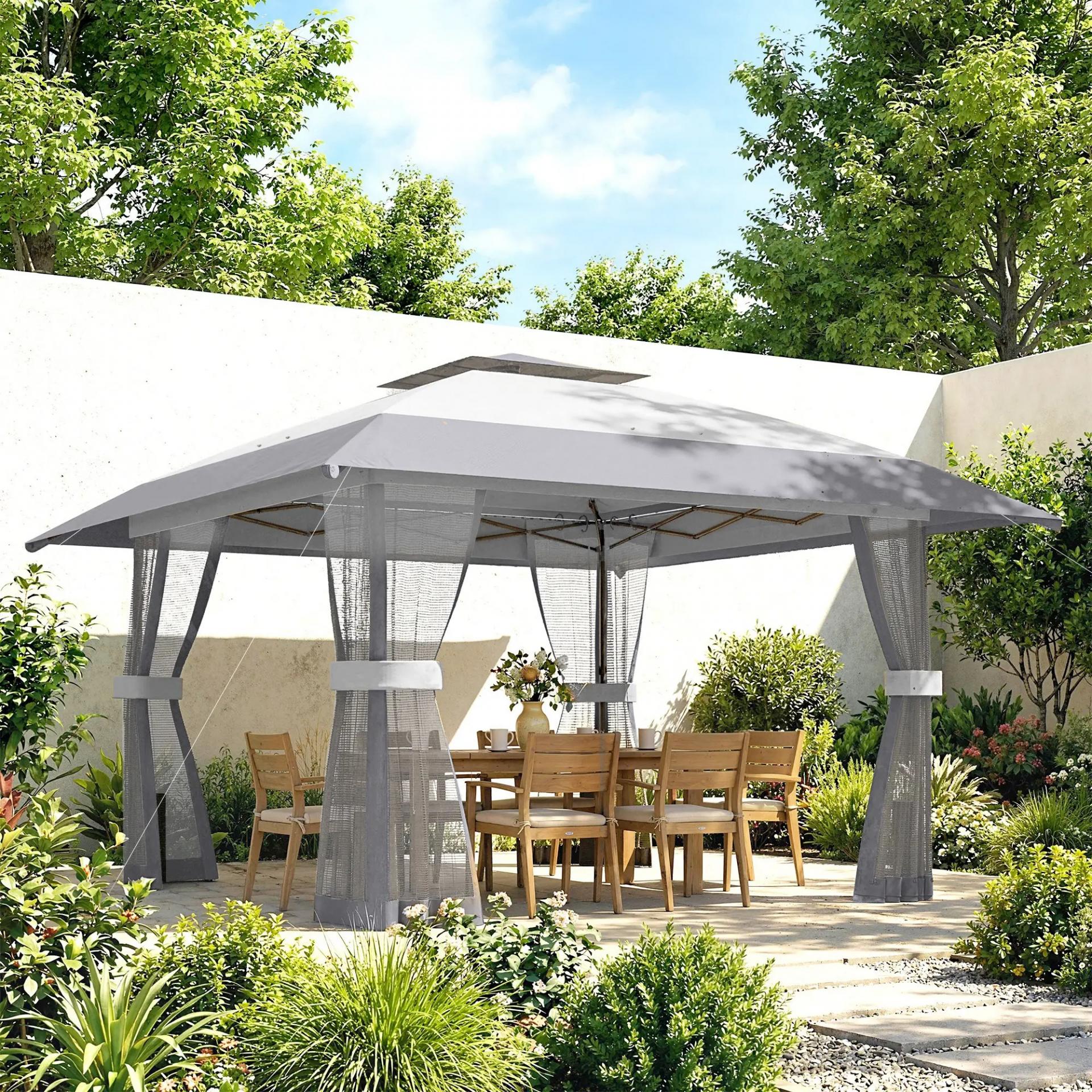 Carpa Plegable 4x4 m Pop-up con Doble Techo 4 Laterales de Malla Altura Ajustable Bolsa Transporte UPF30+ Gris