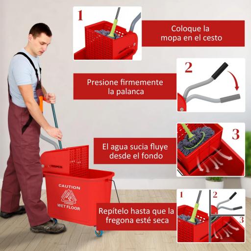 Cubo de Fregar 20L con Ruedas y Escurridor Cubo para Fregona con Separador de Agua 60x27x70,5 cm Rojo [6]