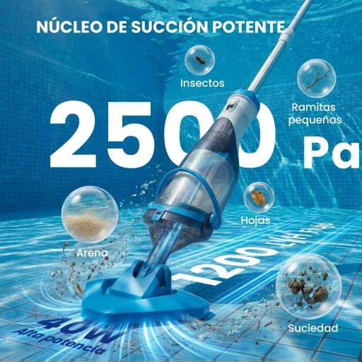 Limpiafondos de Piscina Manual Inalámbrica con Cepillo y Barra Ajustable de 63-150 cm para Piscinas Pequeñas Azul [2]
