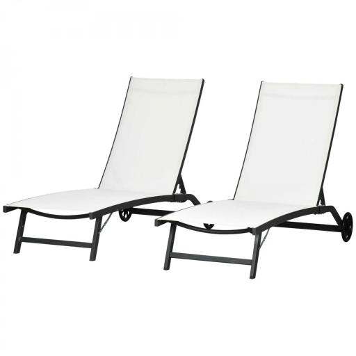 Juego de 2 Tumbonas Reclinables de Jardín de Aluminio con Respaldo Ajustable y Ruedas 165x66x102 cm Blanco Mate [8]