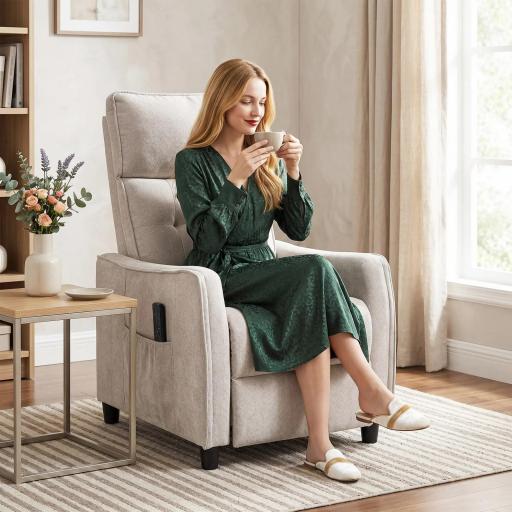 Sillón de Masaje Reclinable con Reposapiés 2 Zonas de Masaje Asiento de Muelles Bolsillos Tapizado en Lino Crema [3]