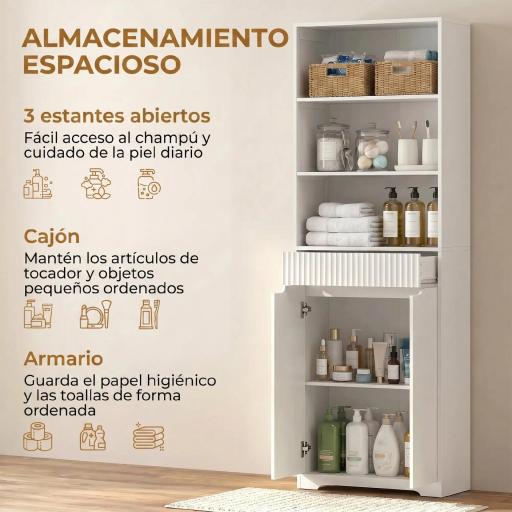 Armario Alto de Baño Columna de Baño Estrecha con 3 Estantes Abiertos Cajón Acanalado Estante Ajustable Blanco [7]