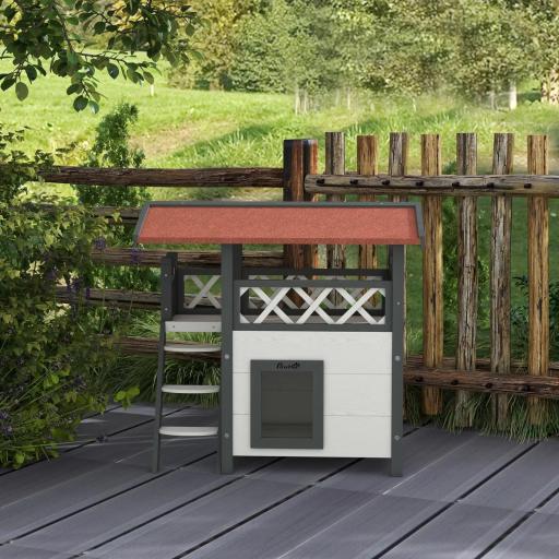 Caseta para Gatos de 2 Niveles 77x50x73 cm Refugio para Gatos con Techo Asfáltico Escalera y Balcón para Exterior Blanco [5]