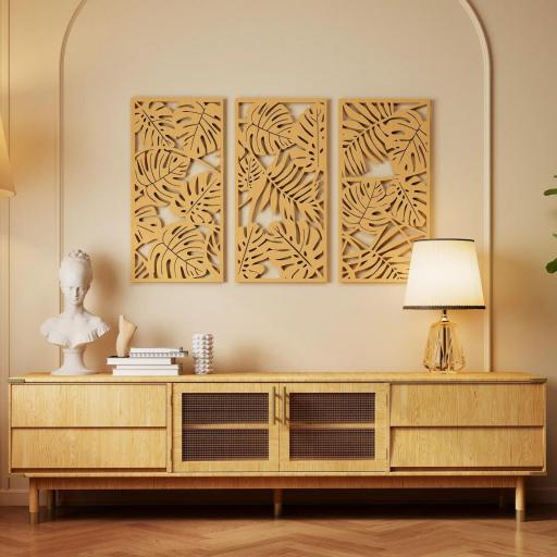 Decoración de Pared de Madera 3D 3 Piezas 40x80 cm Adornos de Pared con Patrón de Hojas Tropicales Madera Natural