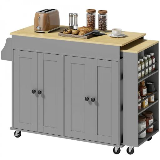 Isla de Cocina con Ruedas Encimera Extensible 4 Puertas Estantes Ajustables Especiero y Soporte para Toallas Gris [8]